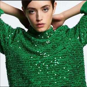 Zara Green Sequin Turtleneck Sweater